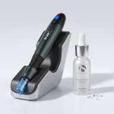 Dr. Pen A20 microneedling pen on its charging stand with iS Clinical Brightening Serum 15 ml