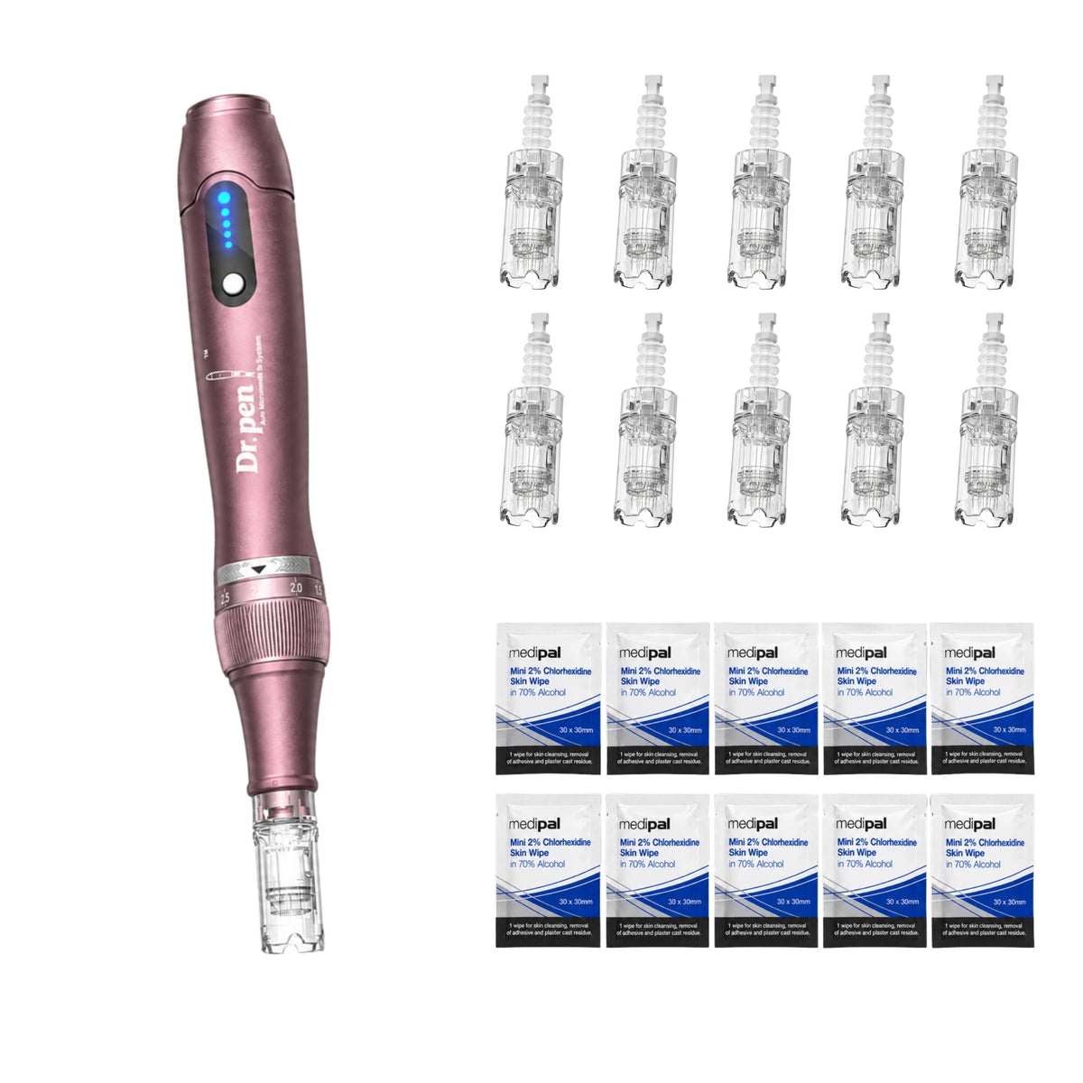 Dr. Pen A10 microneedling pen with 10 cartridges and 10 Medipal skin wipes
