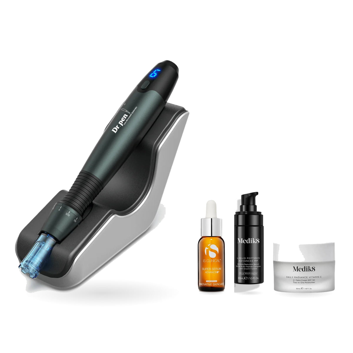 Dr. Pen A20 with iS Clinical Super Serum Advance+, Medik8 Liquid Peptides Advanced MP and Daily Radiance Vitamin C