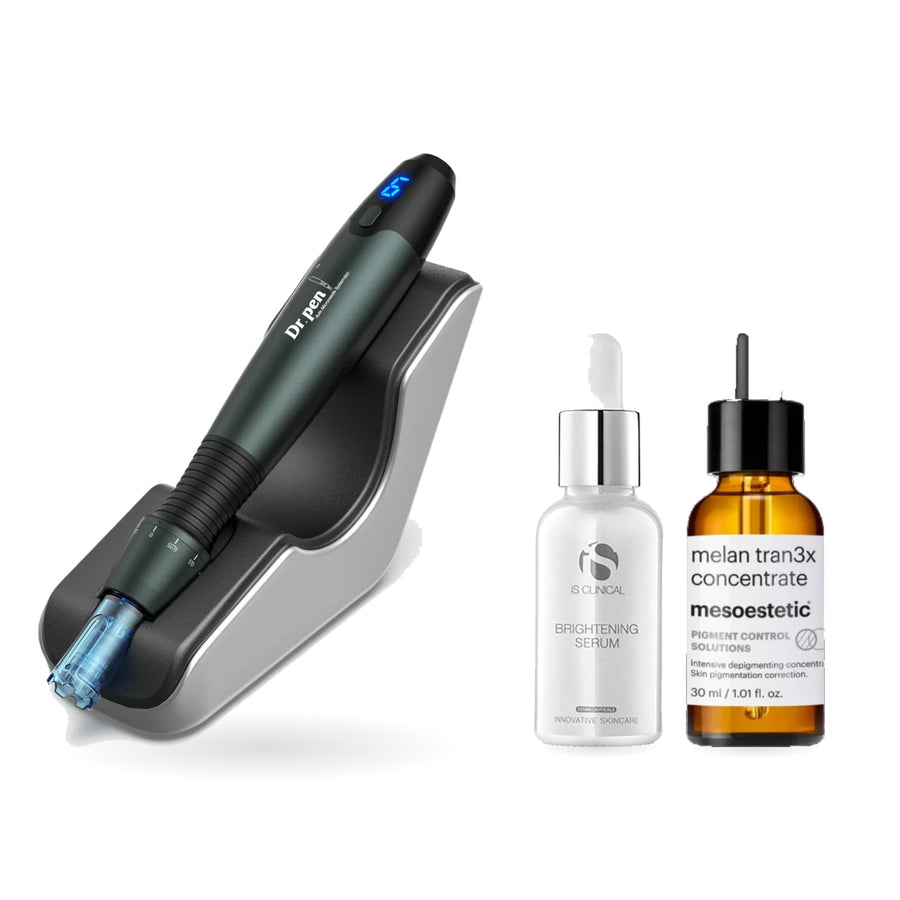 Dr. Pen A20 with iS Clinical Brightening Serum and mesoestetic Melan Tran3x Concentrate