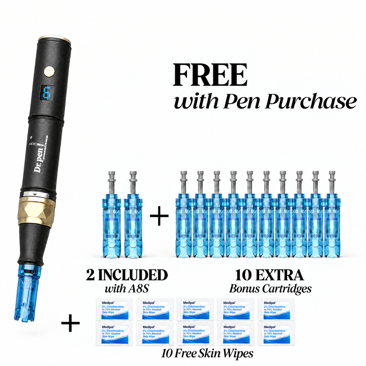 Dr. Pen A8S with 2 cartridges included, plus free with your pen: 10 extra bonus cartridges and 10 Medipal skin wipes