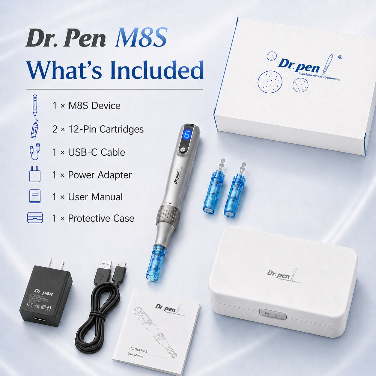 Dr. Pen M8S package contents with US adapter